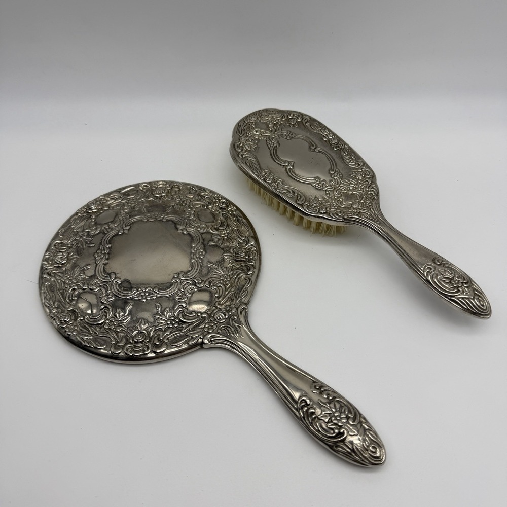 Vintage Silverplate Vanity Hand Mirror & Hair Brush Set Ornate Floral Repousse - Picture 2 of 8
